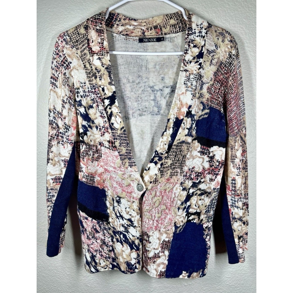 Nic + Zoe Medium Cardigan One Button Cotton Viscose Blend Multicolor Print